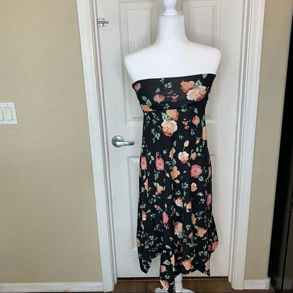 DOUBLJU Strapless Black Floral Dress Size Small Sharkbite Hemline